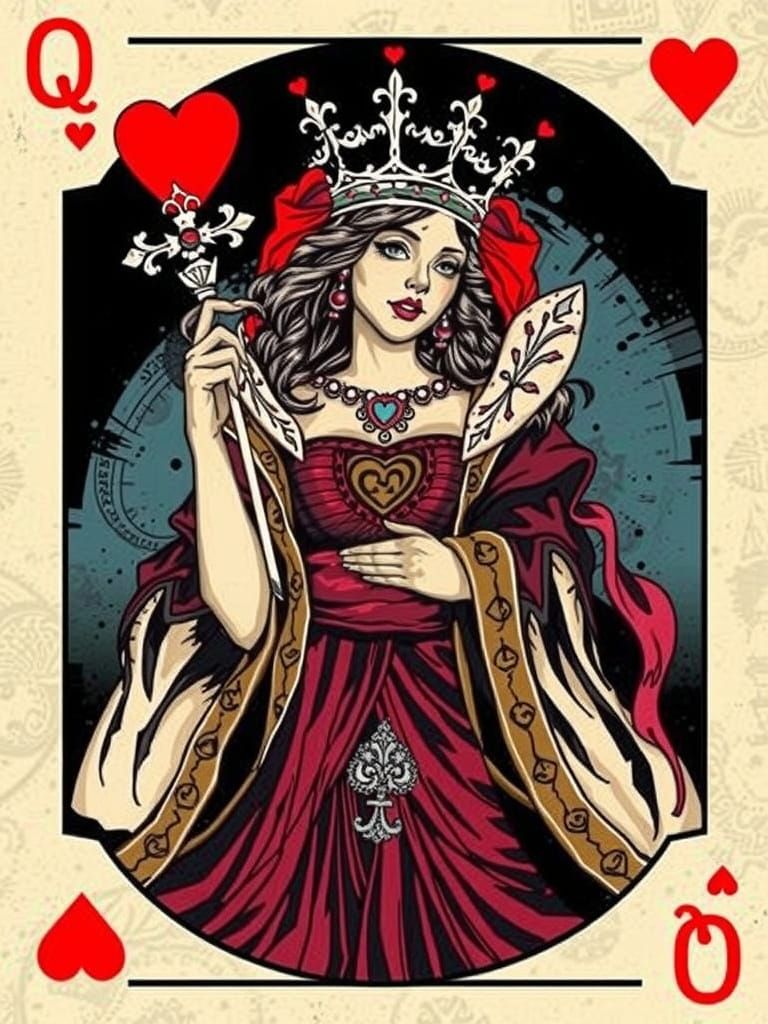Heart Poker card suit, Queen, foil stamping, comic book styl...