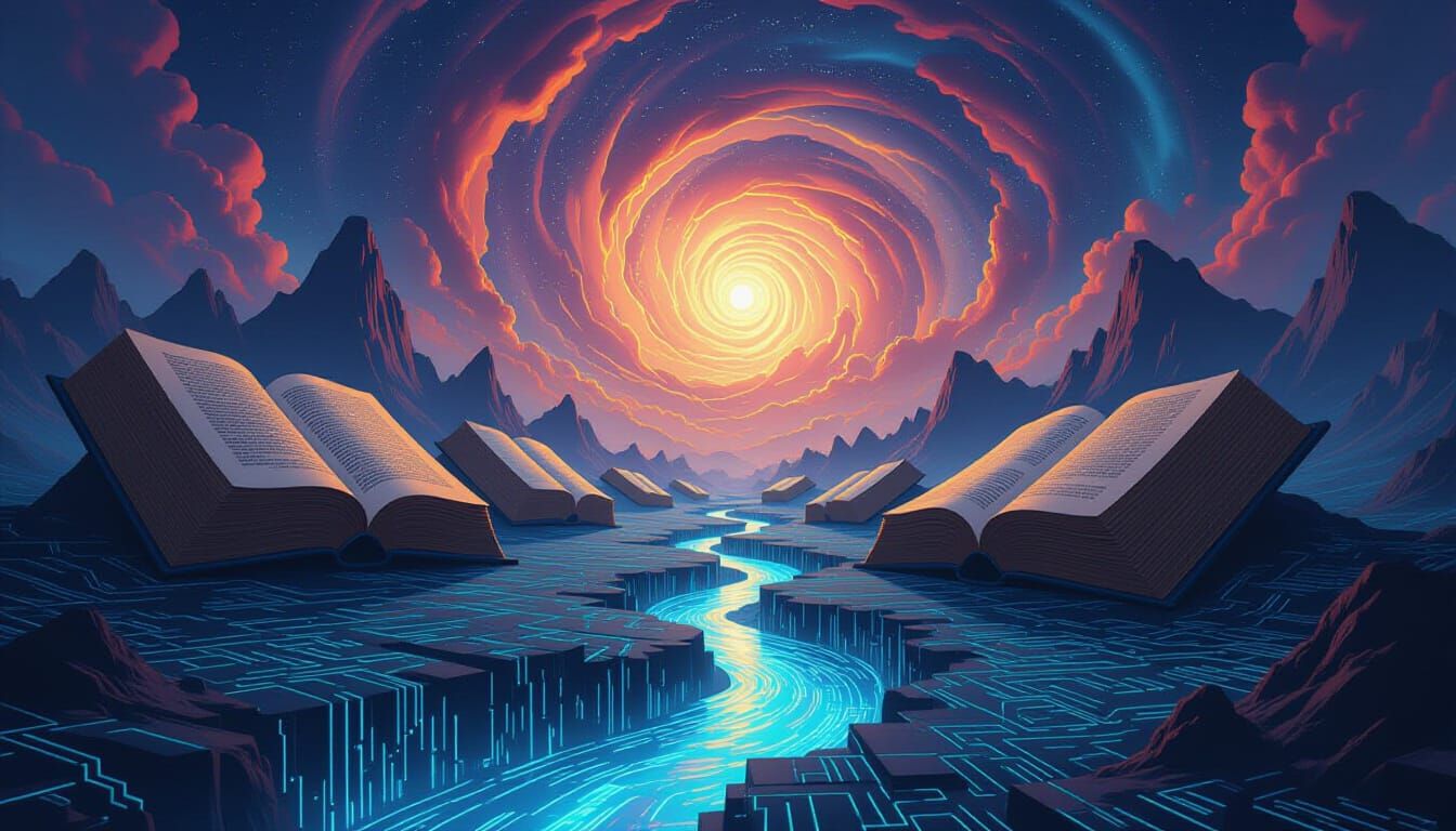 Epic Book Mountains and Binary Rivers Landscape