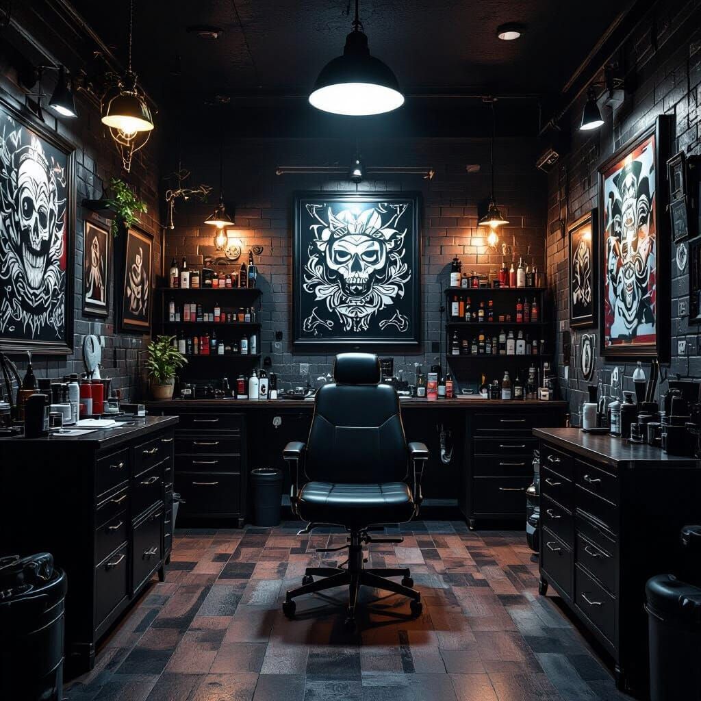 Hyperrealistic Tattoo Studio Interior with Moody Cinematic L...