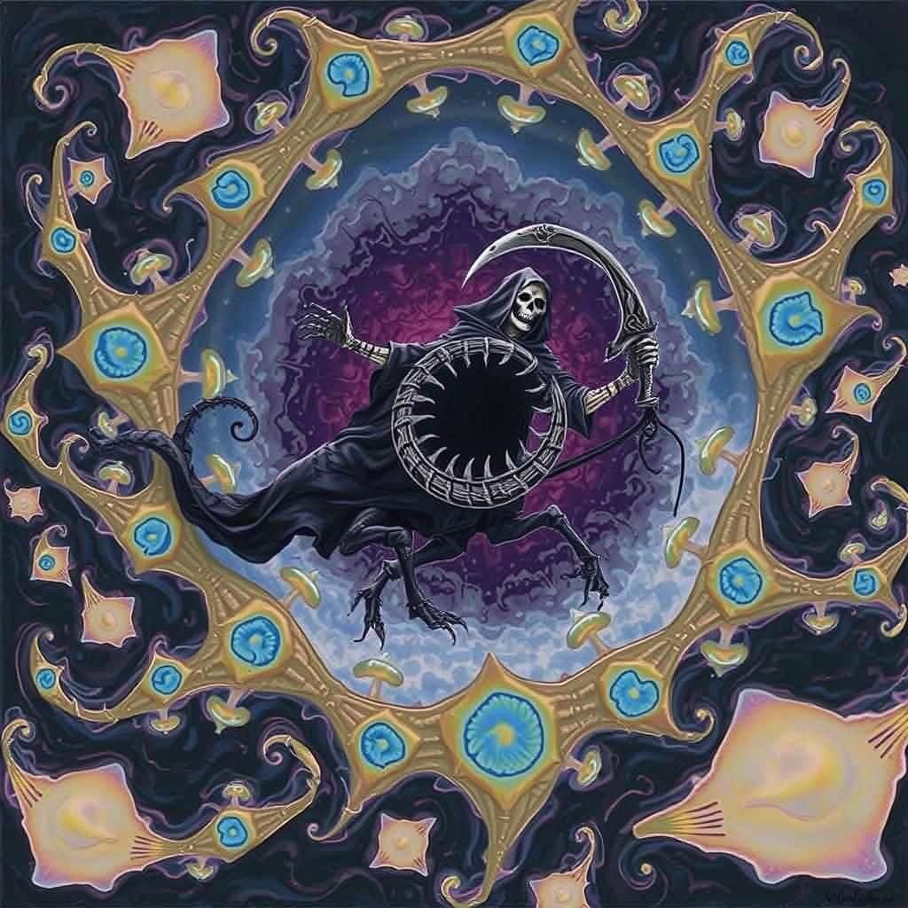 Cyberpunk Grim Reaper Rides Skeletal Black Smoke Dragon