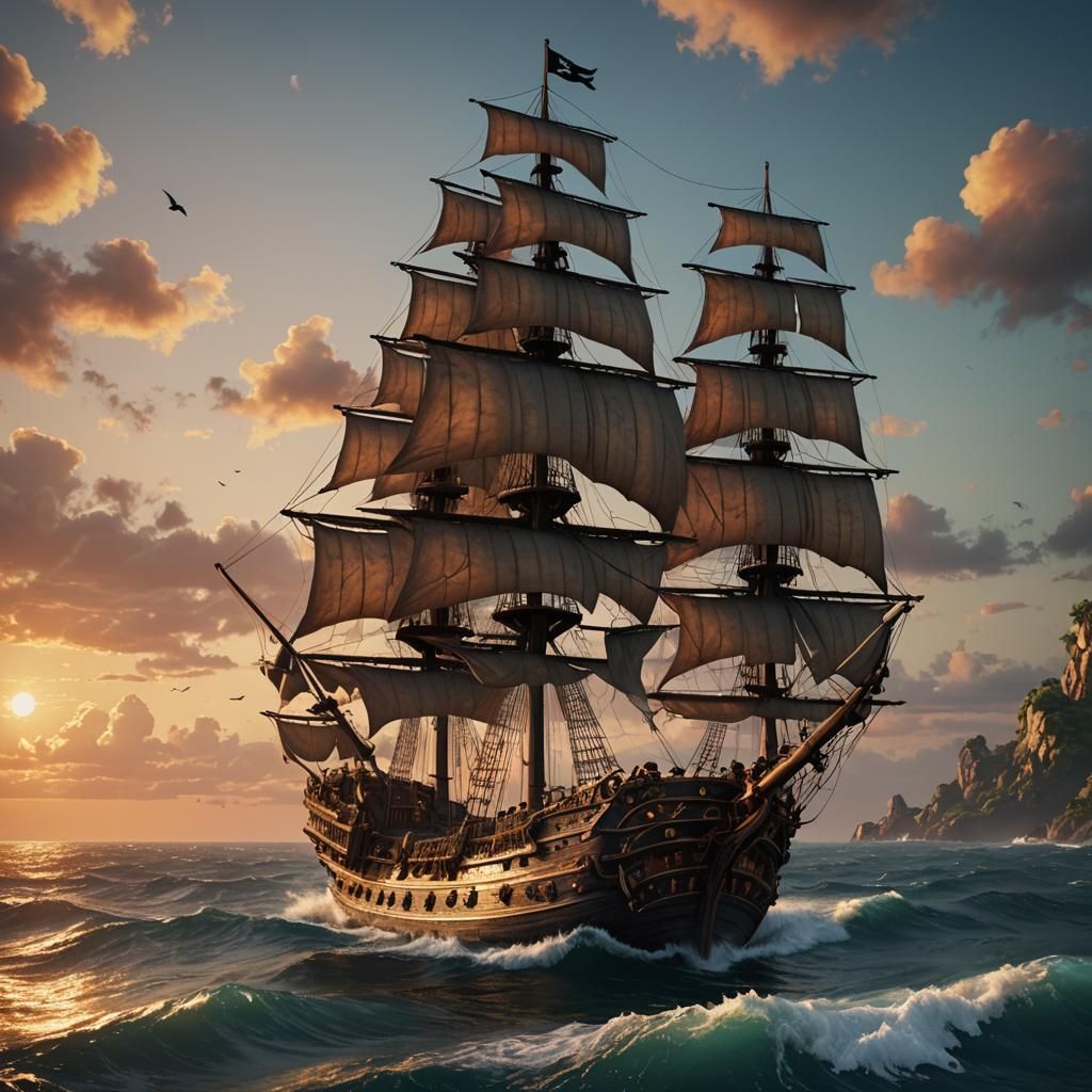 Pirate Ship in Splendid Sunset on the Open Sea