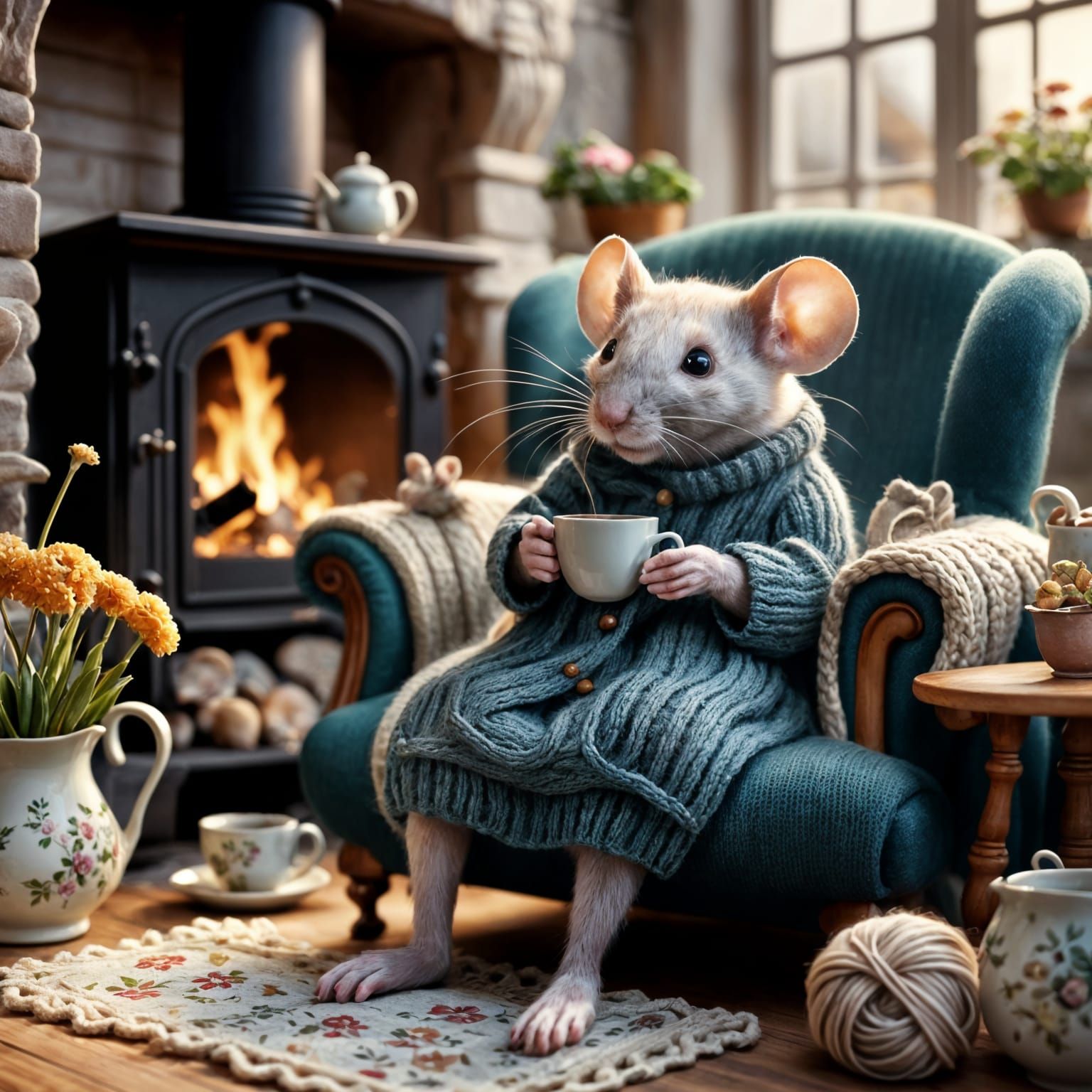 Cozy Mice Knitting by the Fireplace