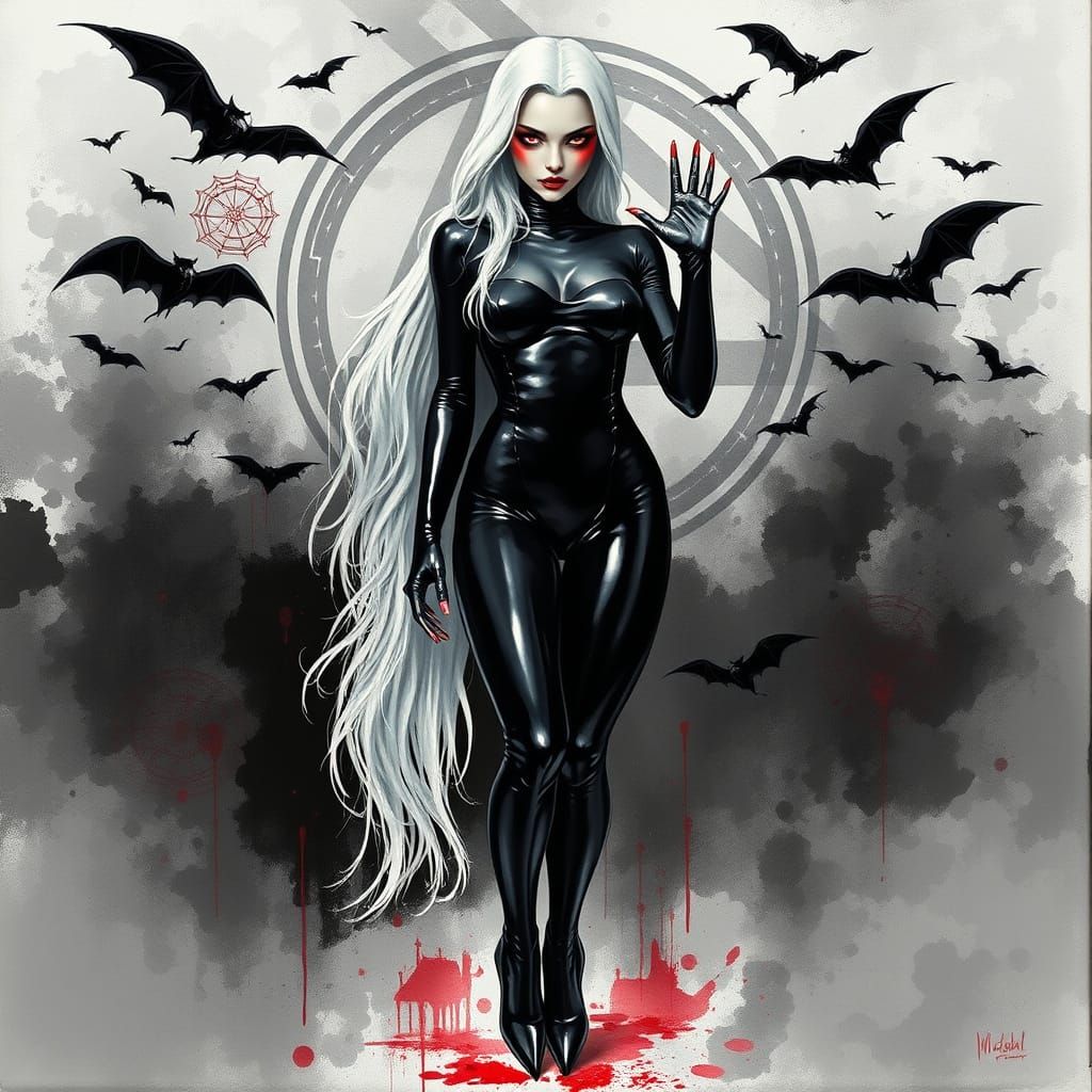 Vampire Goddess in Gothic Latex Attire with Blood Red Eyes