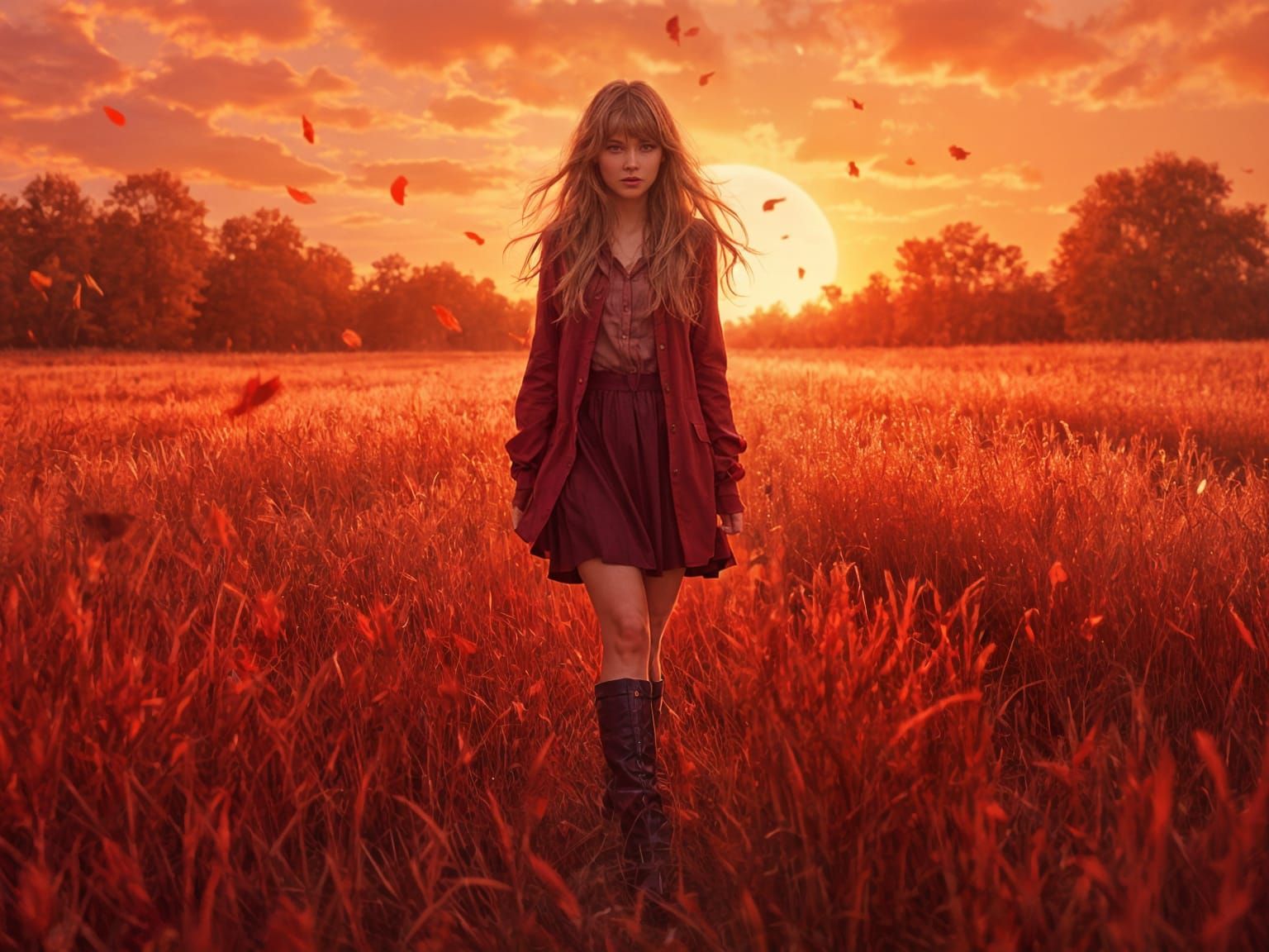 Ethereal Woman in Crimson Landscape