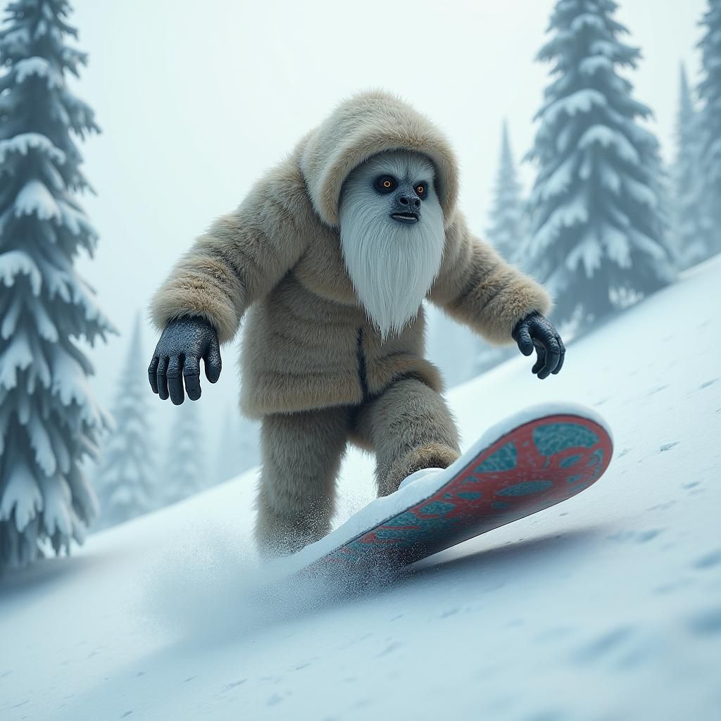 Yeti Snowboarding Down a Mountainside