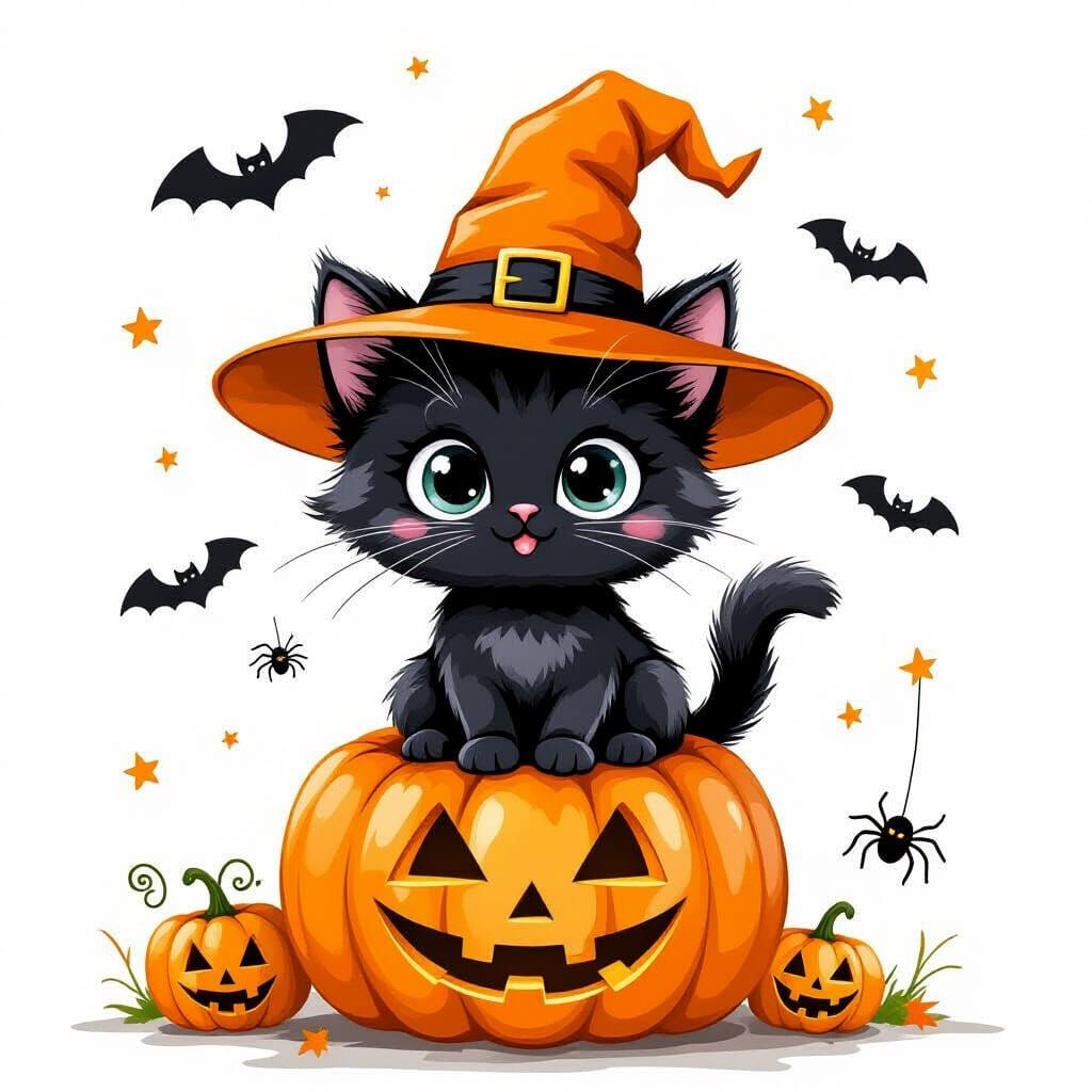 Cute Cartoon Kitten on Pumpkin in Halloween Illustration