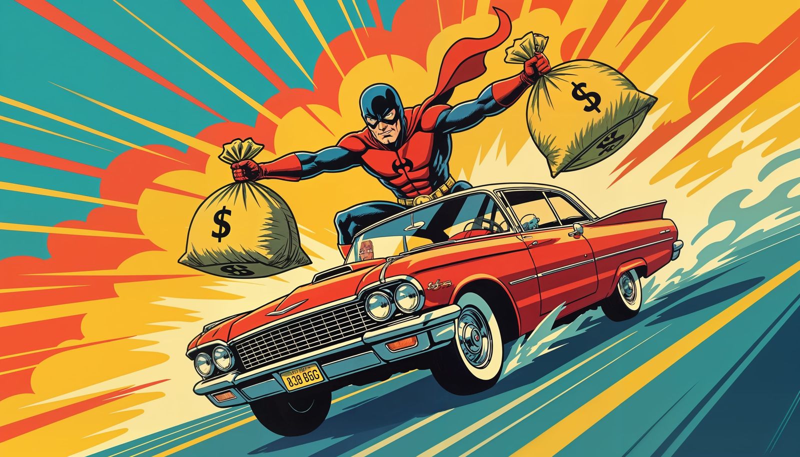 Jack Kirby Style Supervillain Car Surfing Heist