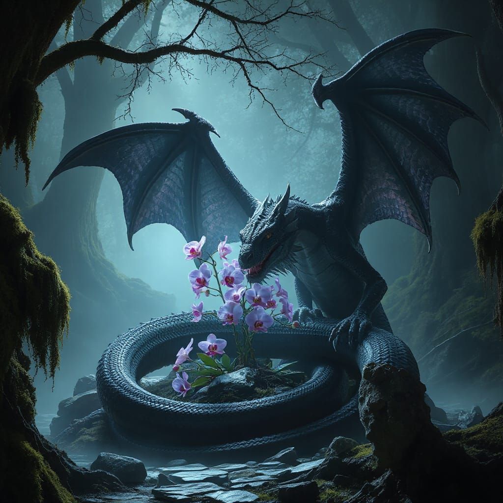 Dragon Coils Around Bioluminescent Orchids