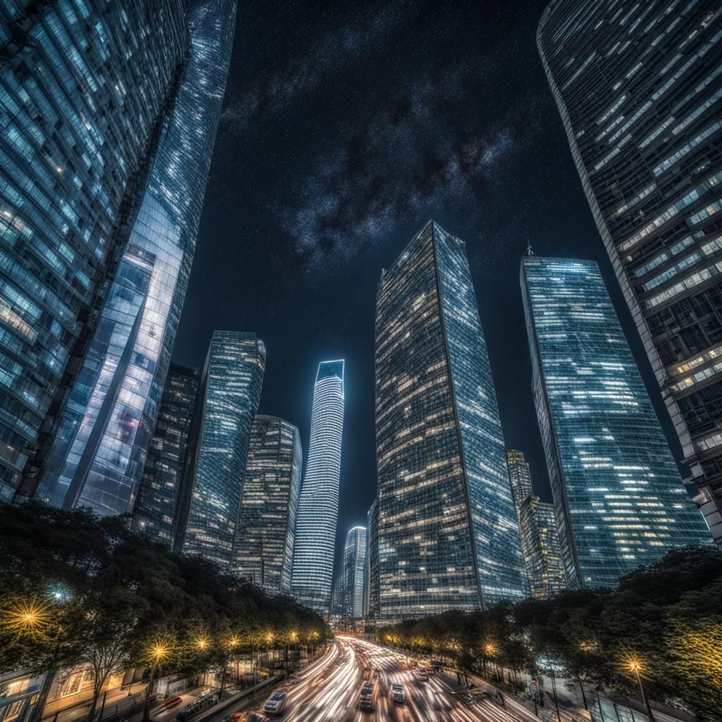 Surreal Nighttime Cityscape in Hyperrealistic Style