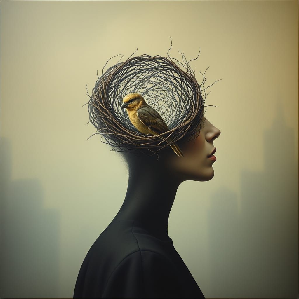Surreal Woman with Bird Nest Brain in Fog