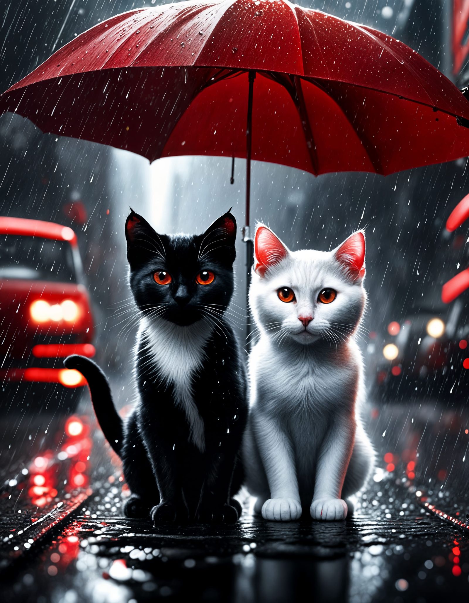 Two Adorable Cats Share a Red Umbrella in the Rain