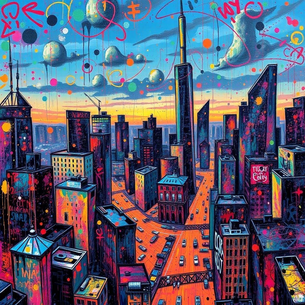 Vibrant Cityscape Inspired by Pollock's Splatter Art