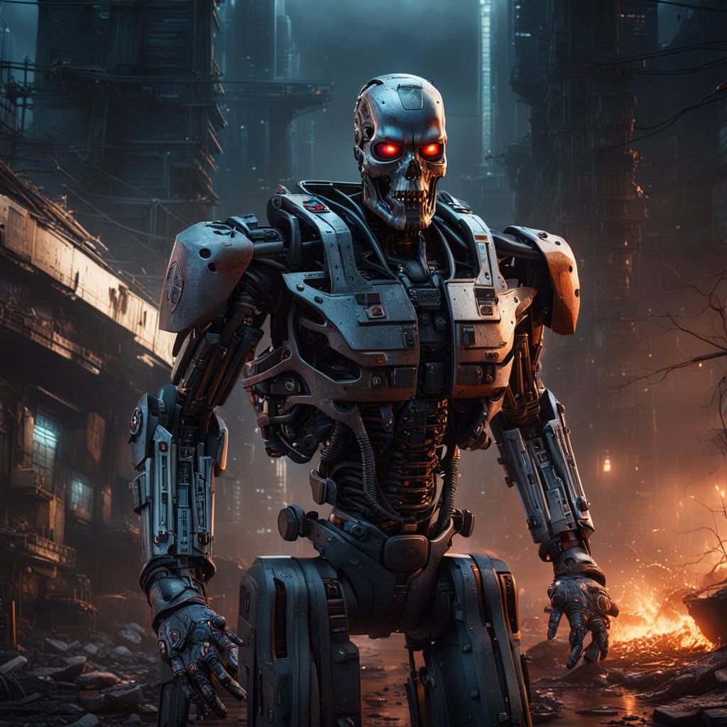 Cyberpunk Terminator in Deep Fantasy Landscape