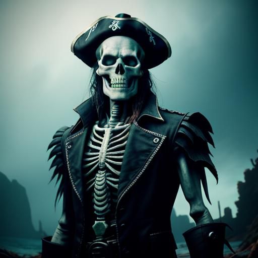 Cyberpunk Pirate Zombie Skeleton Below Underwater Coral Clif...