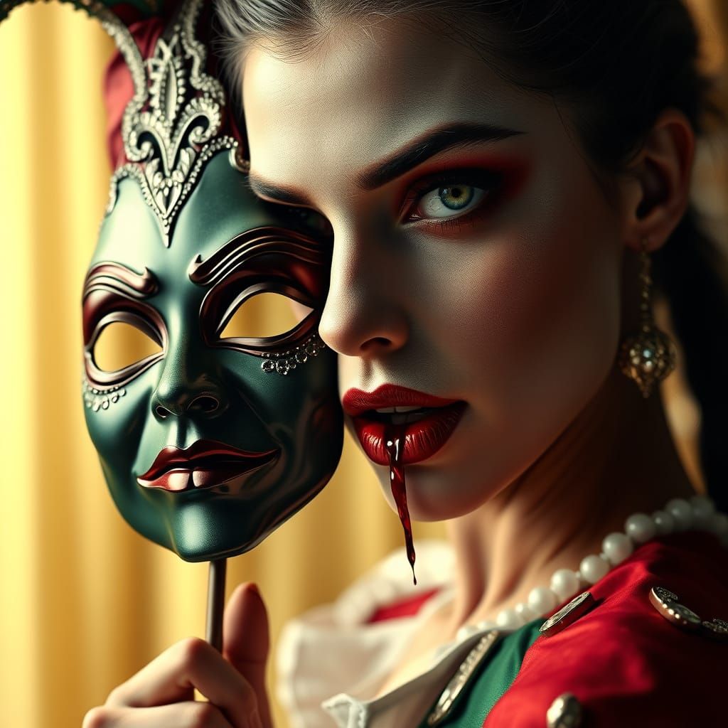 Harlequin Vampire Peeking Behind Mardi Gras Mask