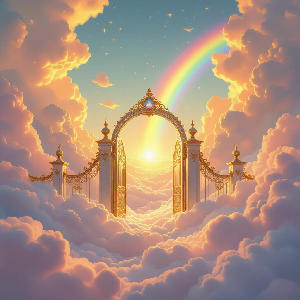 Ethereal Heaven Realm with Golden Clouds and Crystal Gates