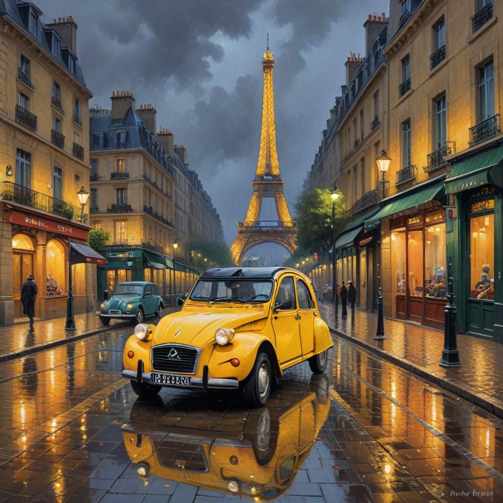 Parisian Street at Night in the Rain