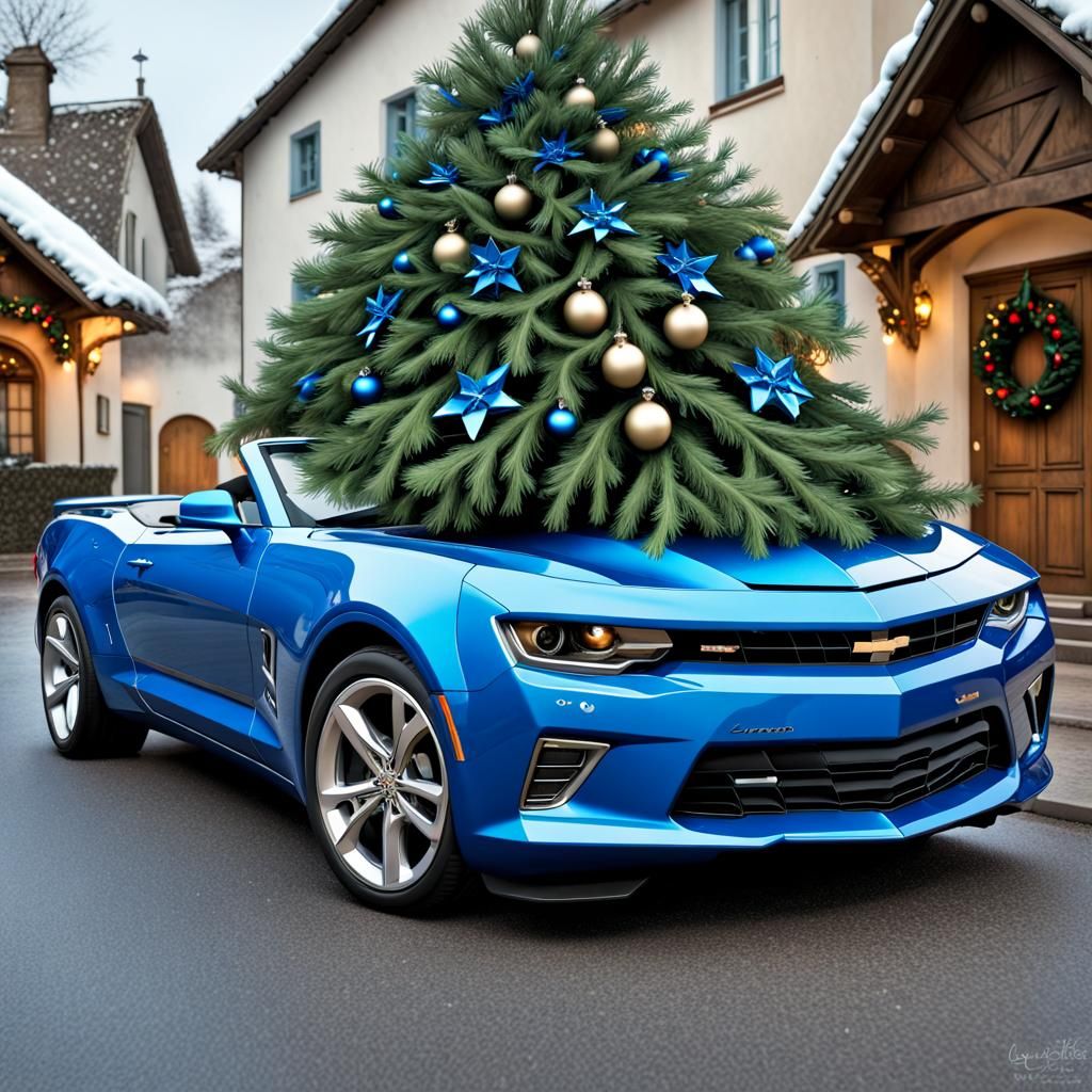 Cabrio Camaro 6th in blau mit Weihnachtsbaum,