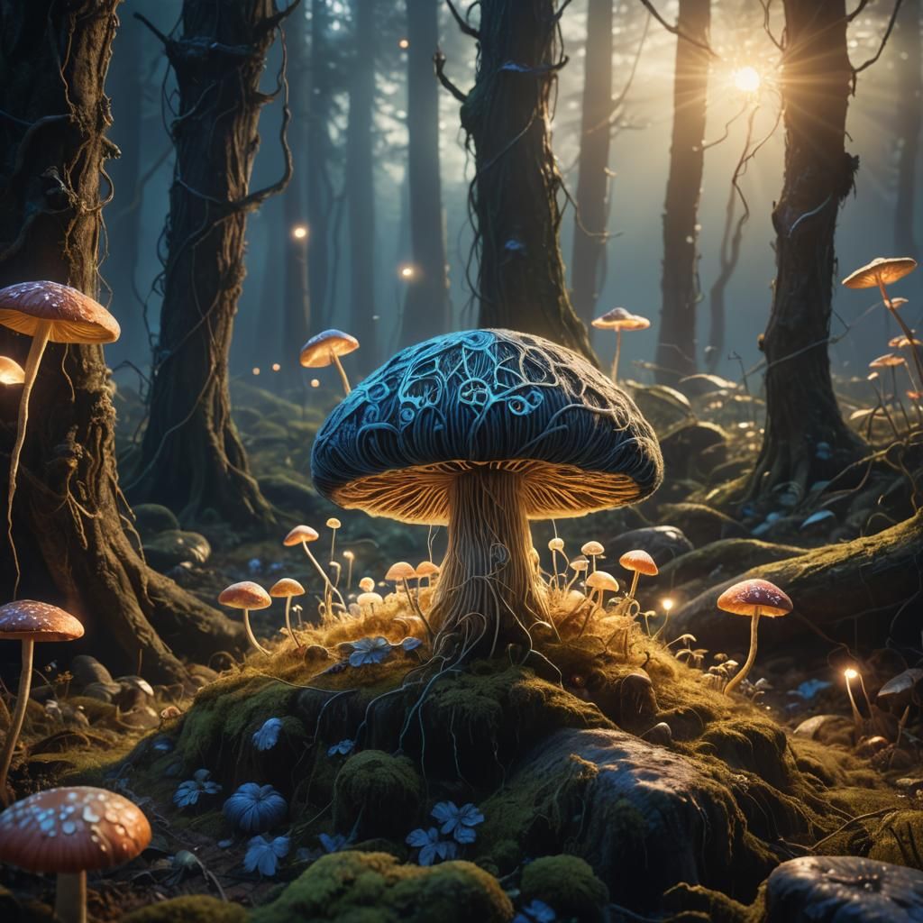 Vibrant Yarn Mushroom in Mystical Forest