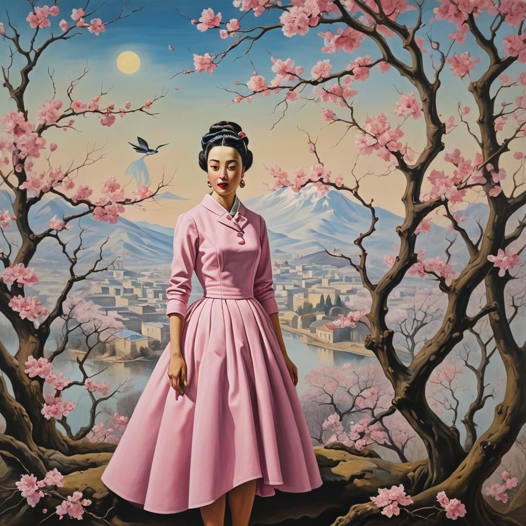 Surreal Cherry Blossom Queen in Pink Dress Melts into Spring