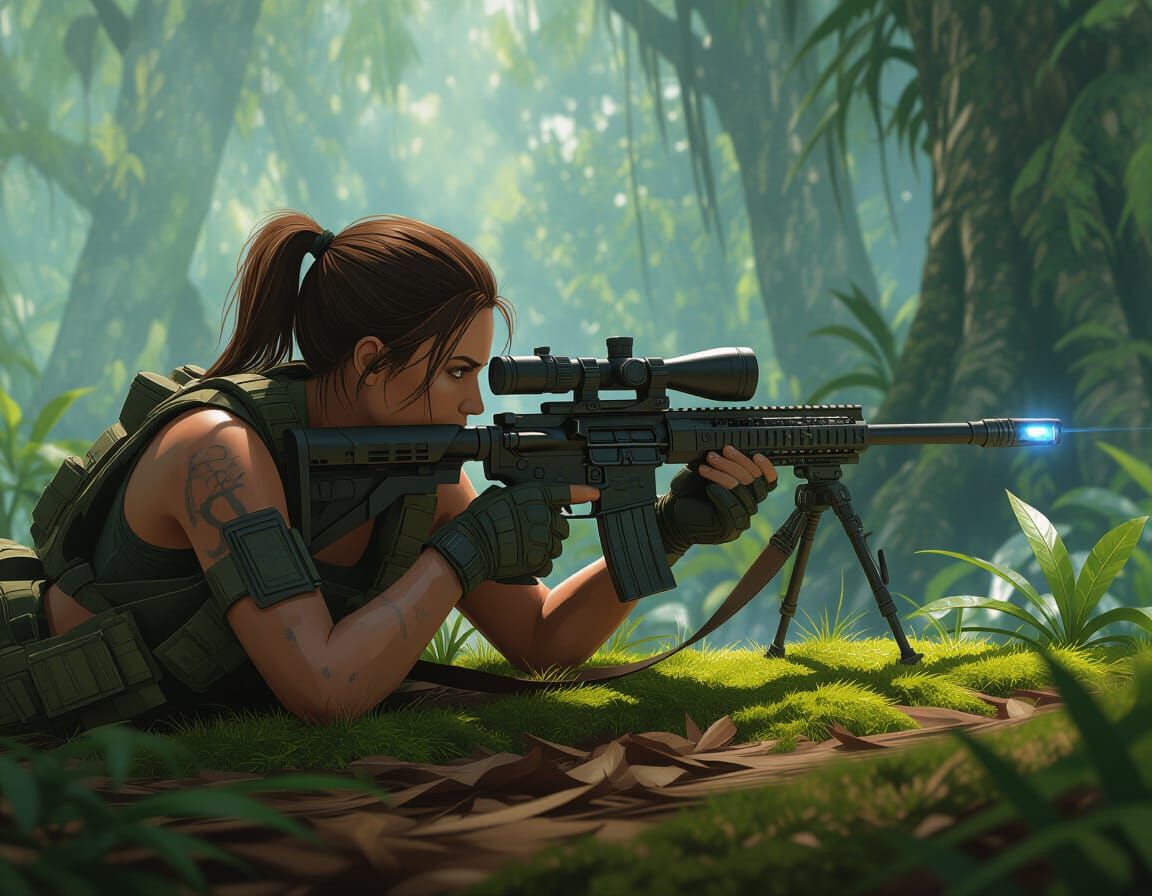 Female Sniper at Jungle Edge in Hyperrealistic Style
