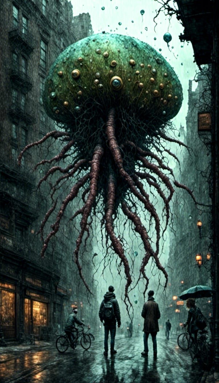 <lora:Eraserpunk:1.0> <lora:plan:1.0> <lora:Aquarius:1.0> freakish spore  humanoid grotesque raining hyperealistic