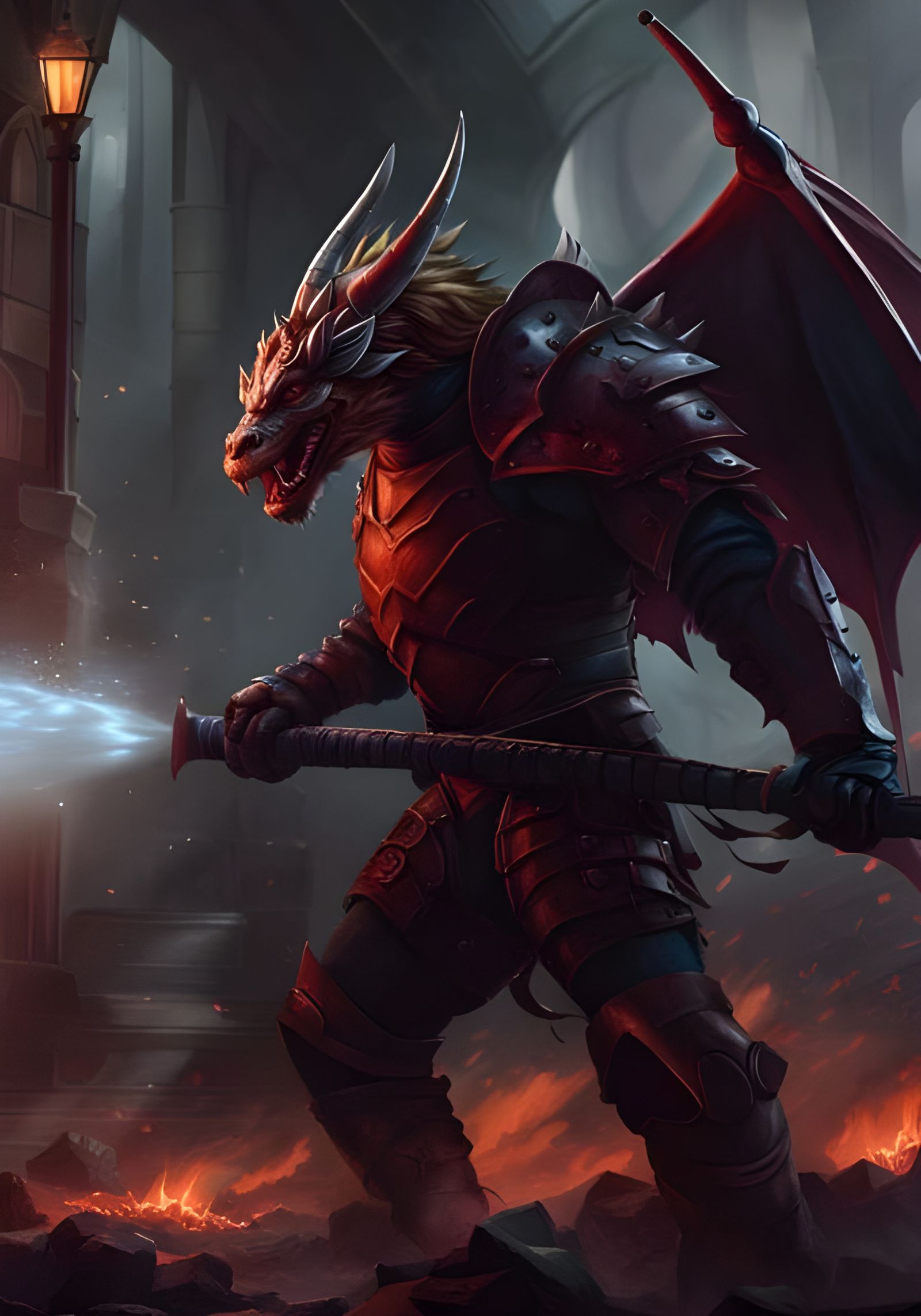 Cyberpunk-Inspired Dragonborn Firefighter