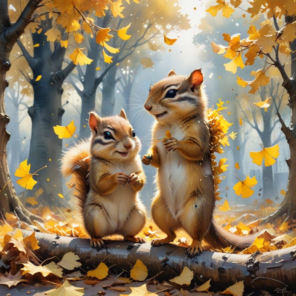 Chipmunks Swapping Acorns Under Ginkgo in Autumn Whimsy Styl...