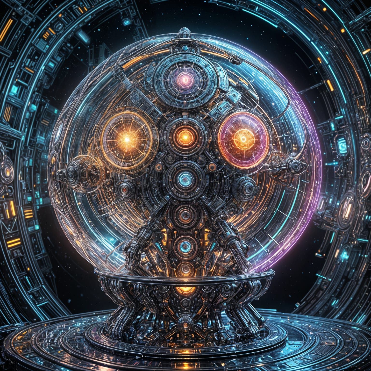 Robot Builds Galaxy in Glass Orb: Surreal Digital Art