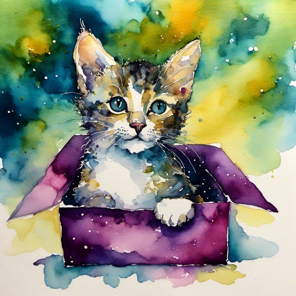 Cute Kitten in a Tiny Box of Vibrant Alcohol Ink Illustratio...