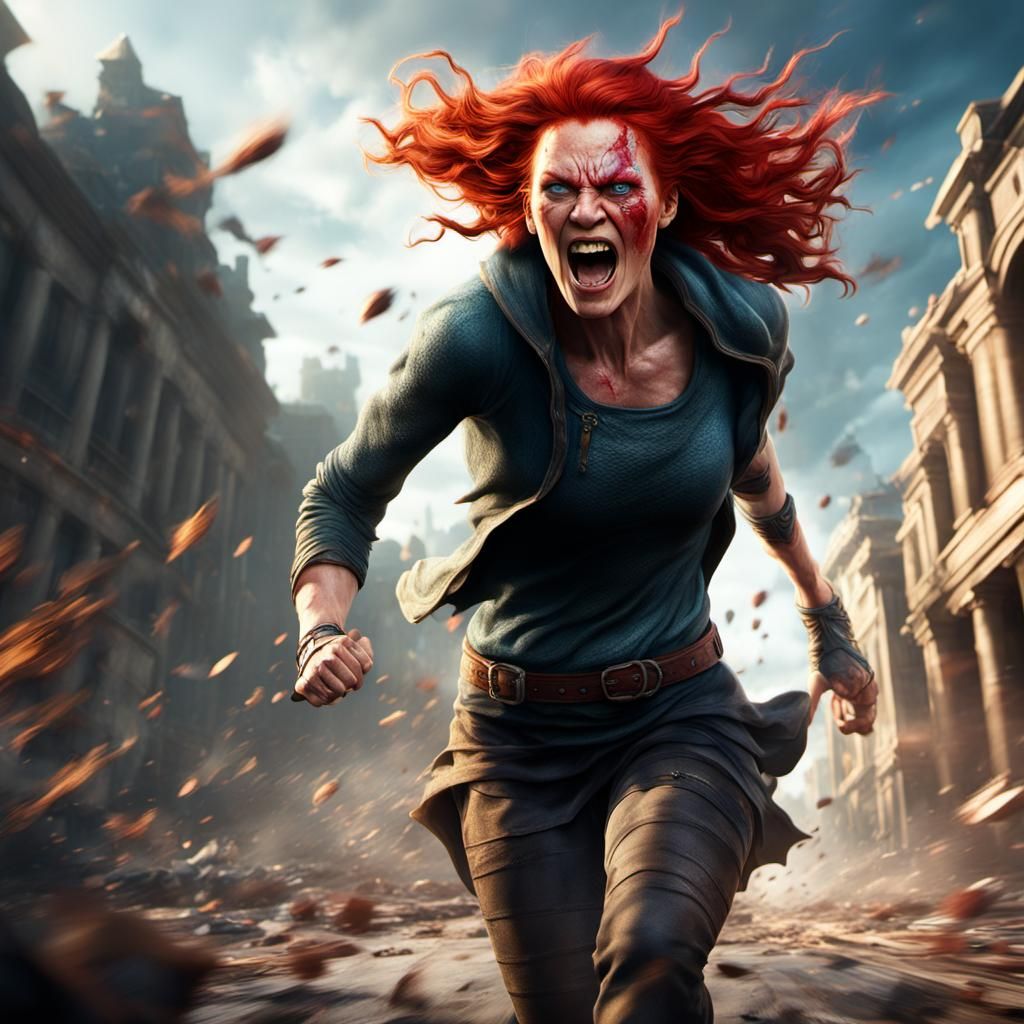 Fantastical Female Figure Leaps Forward in a Vibrant, Dreaml...