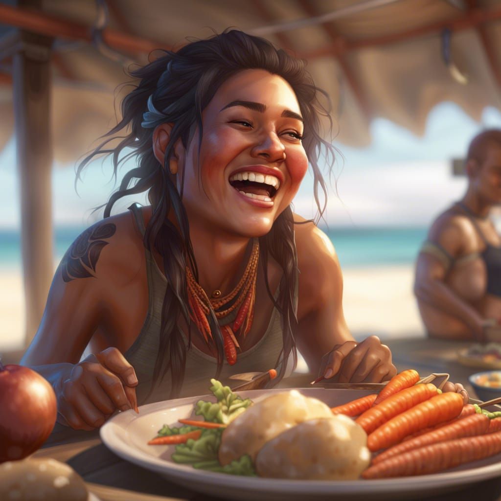 Māori Girl Enjoys Roast on a NZ Beach in Vibrant 8K Concept...