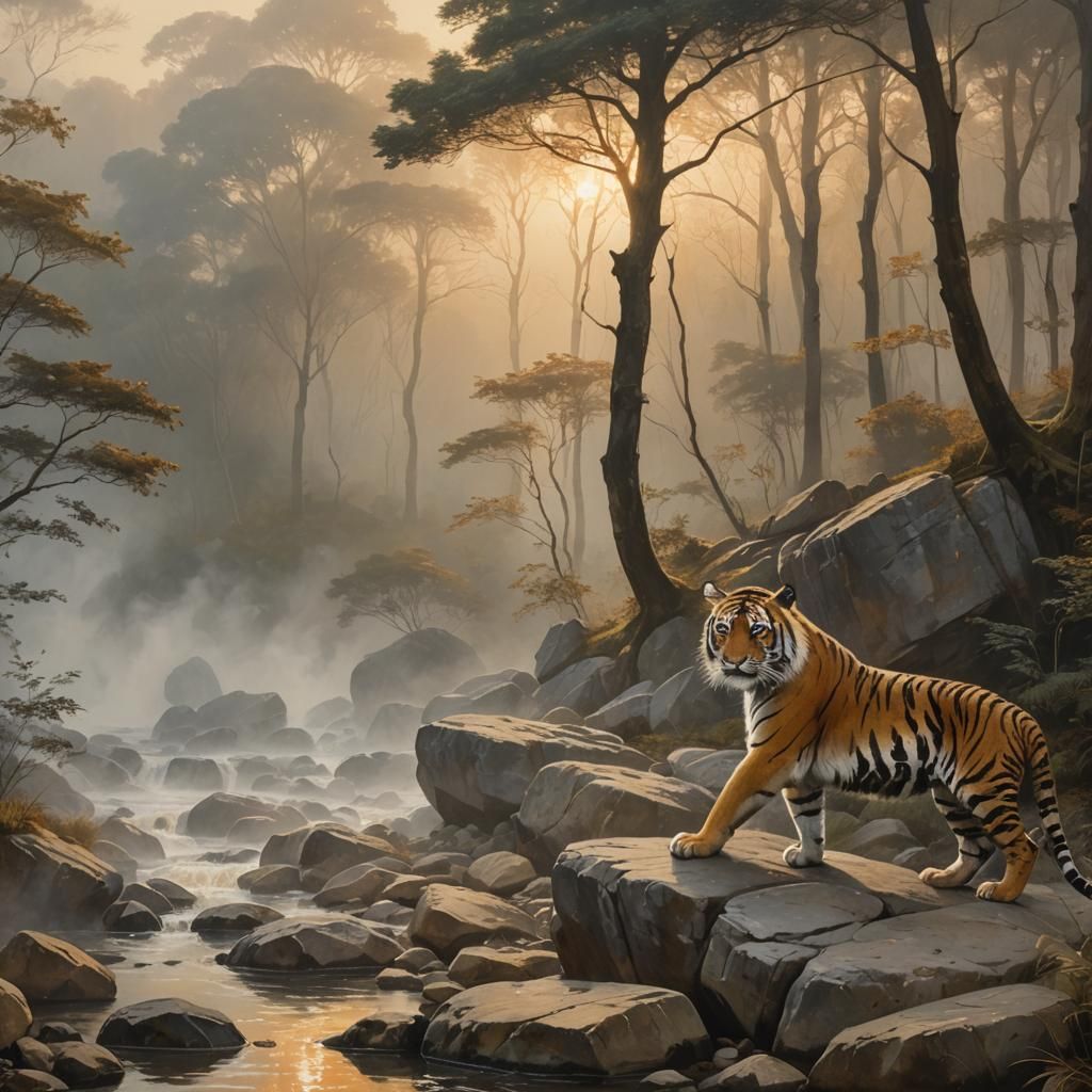 Tiger Emerges from Misty Golden Light