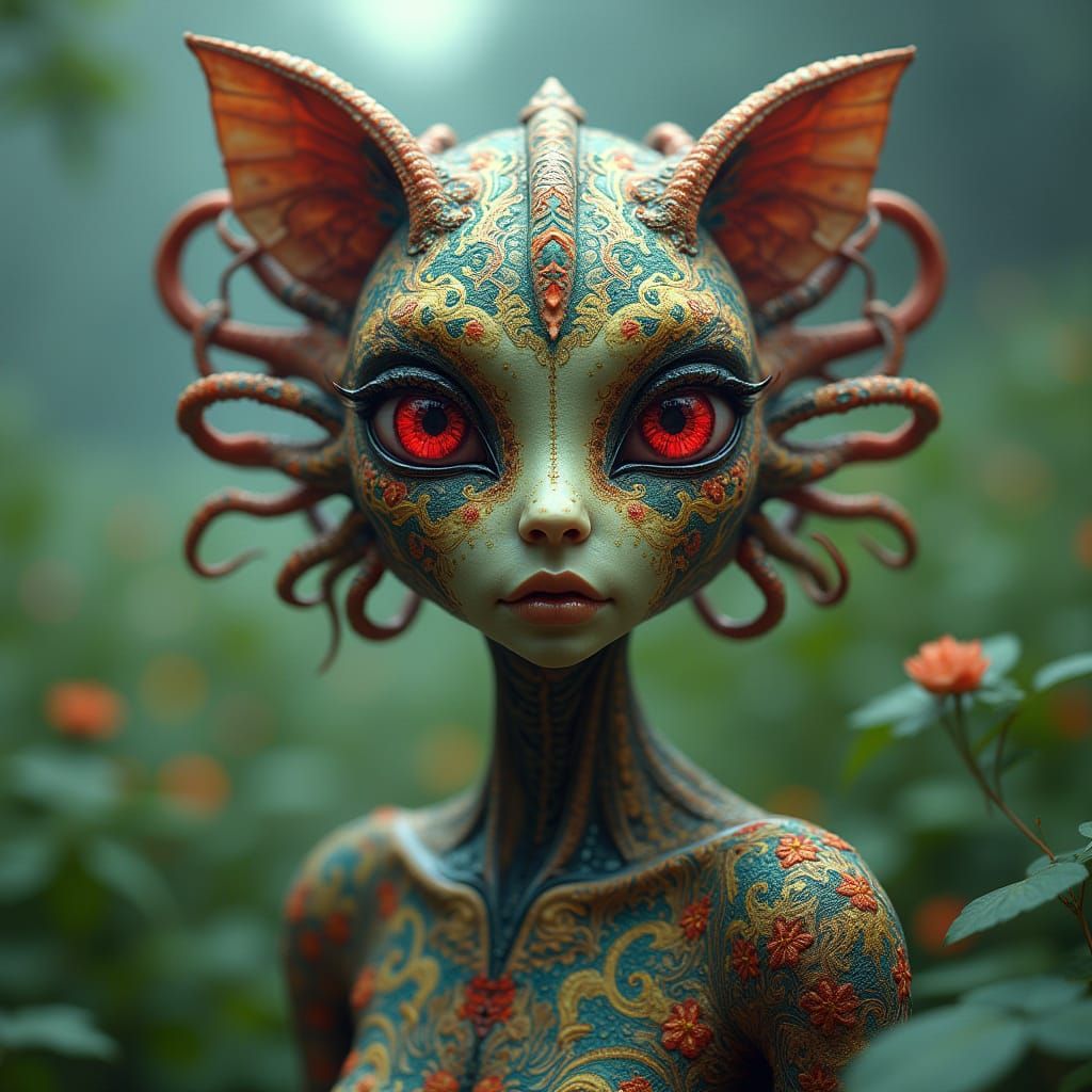 Eerie Kaleidoscope-Eyed Alien Woman in Maximalist Style