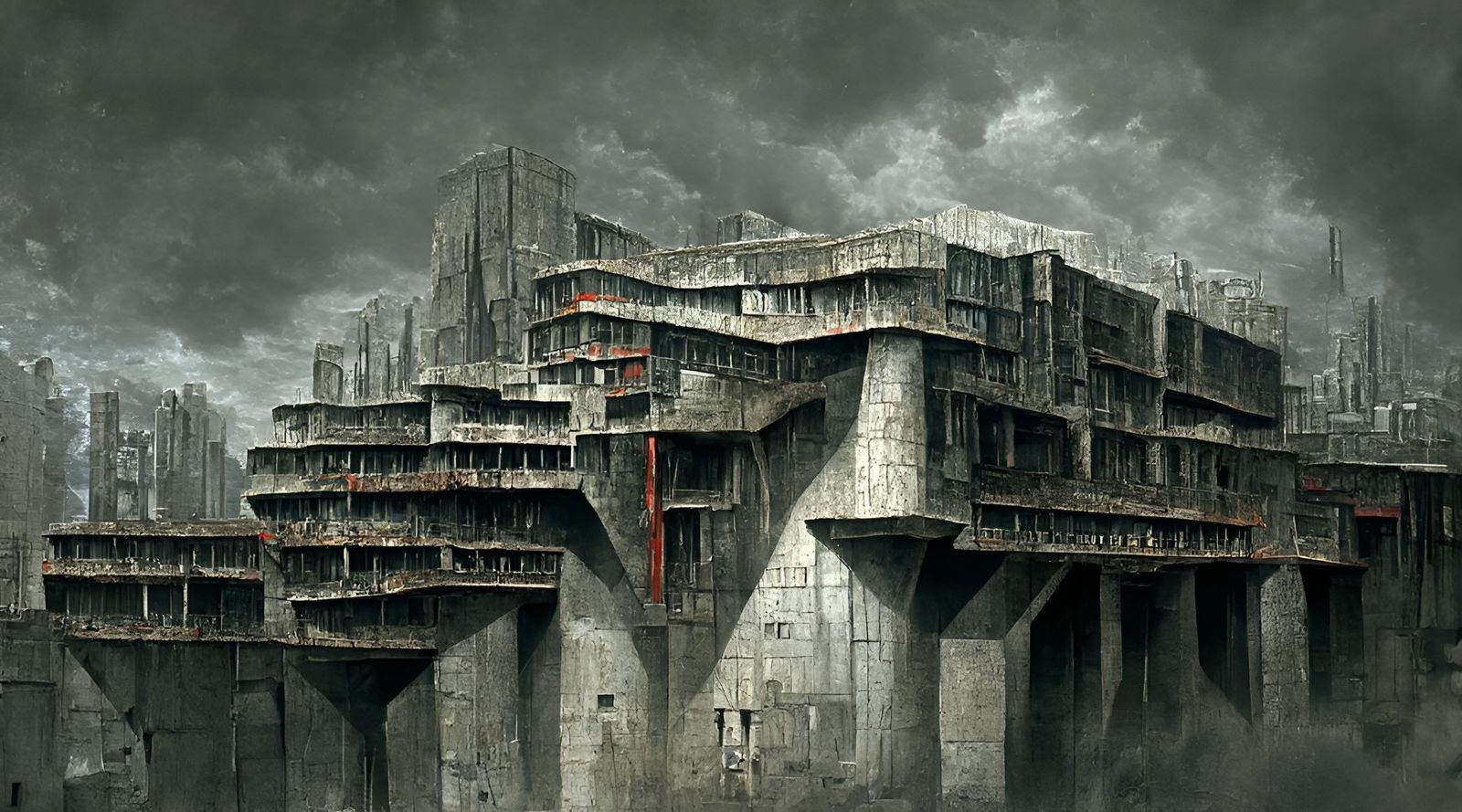 Imposing Dystopian Metropolis in Dark, Blood-Red Hues