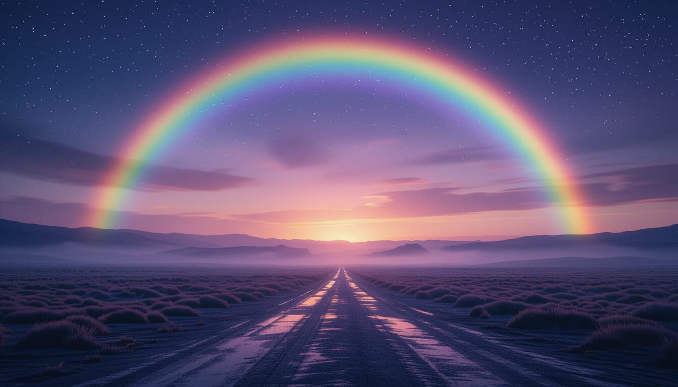 Vibrant Rainbow Over Starry Night Landscape