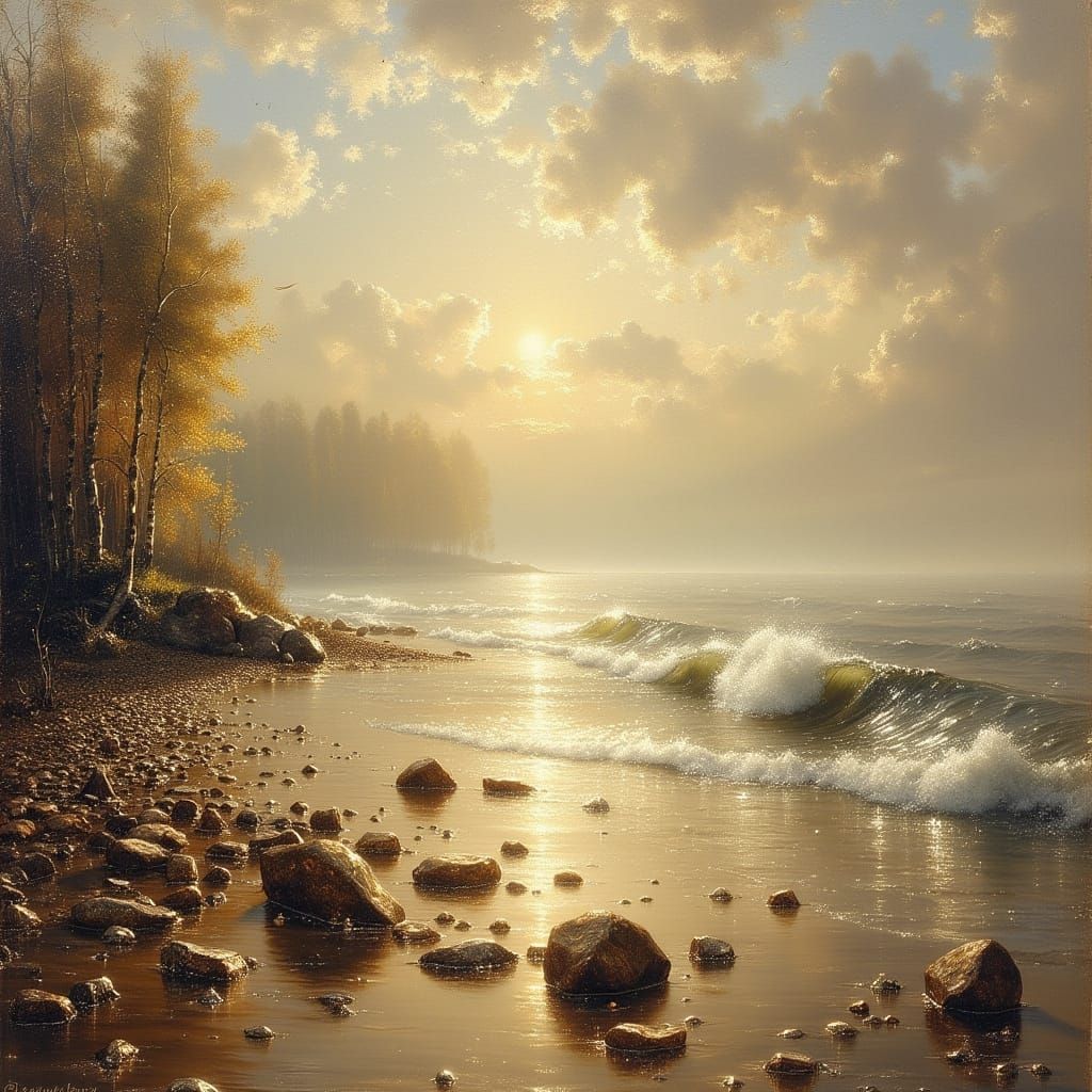 Misty Sea at Golden Hour: Exquisite Beach Scene