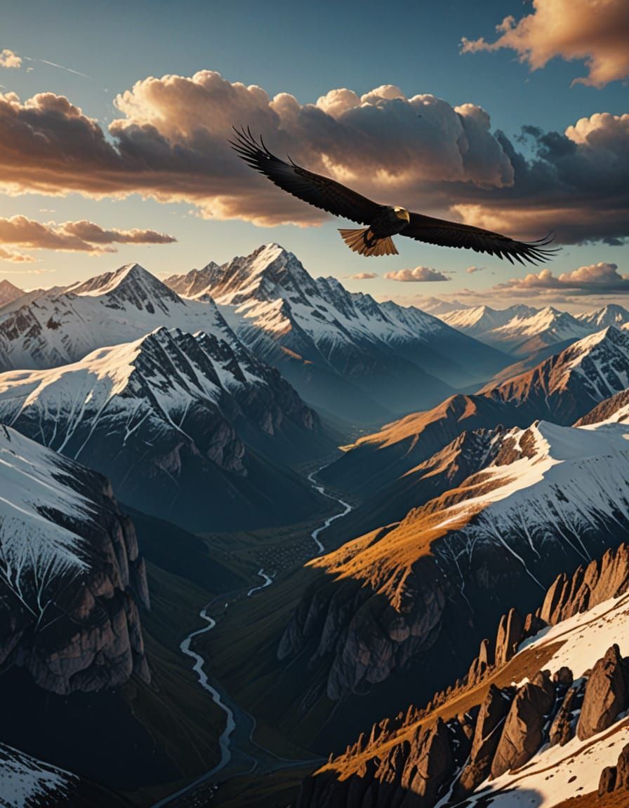 Condor Soaring Over Snowy Peaks: Hyper-Realistic Digital Art