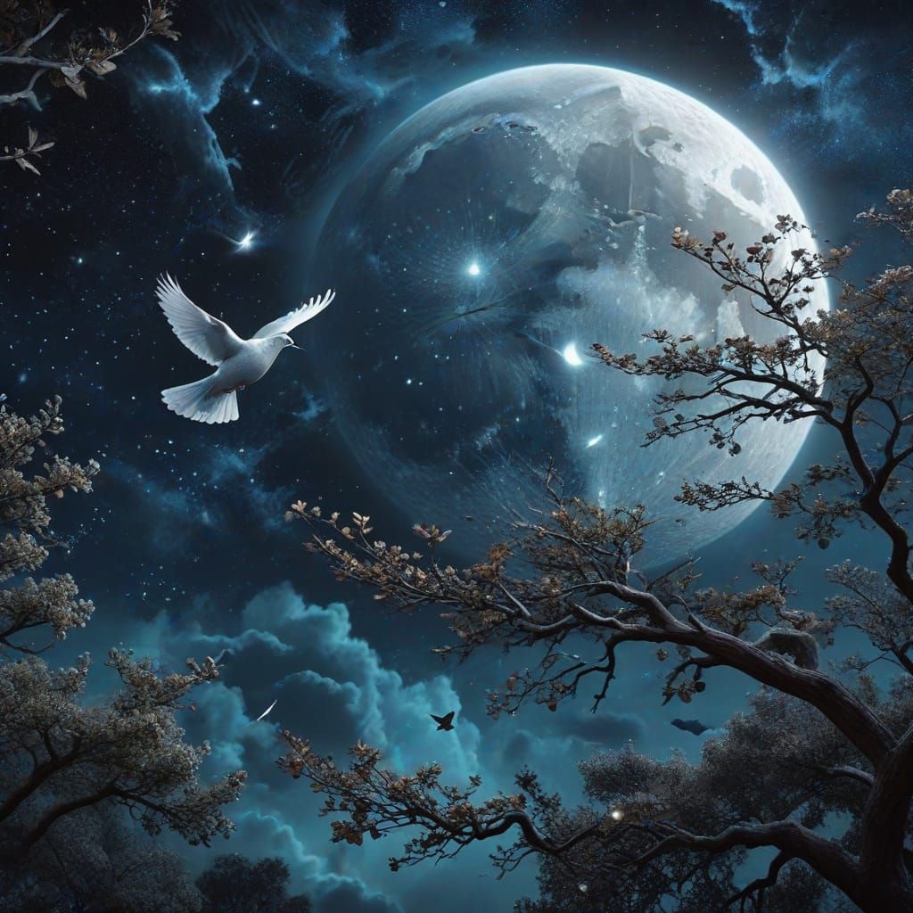 Cosmic Dove Ascends Through Starry Night Sky