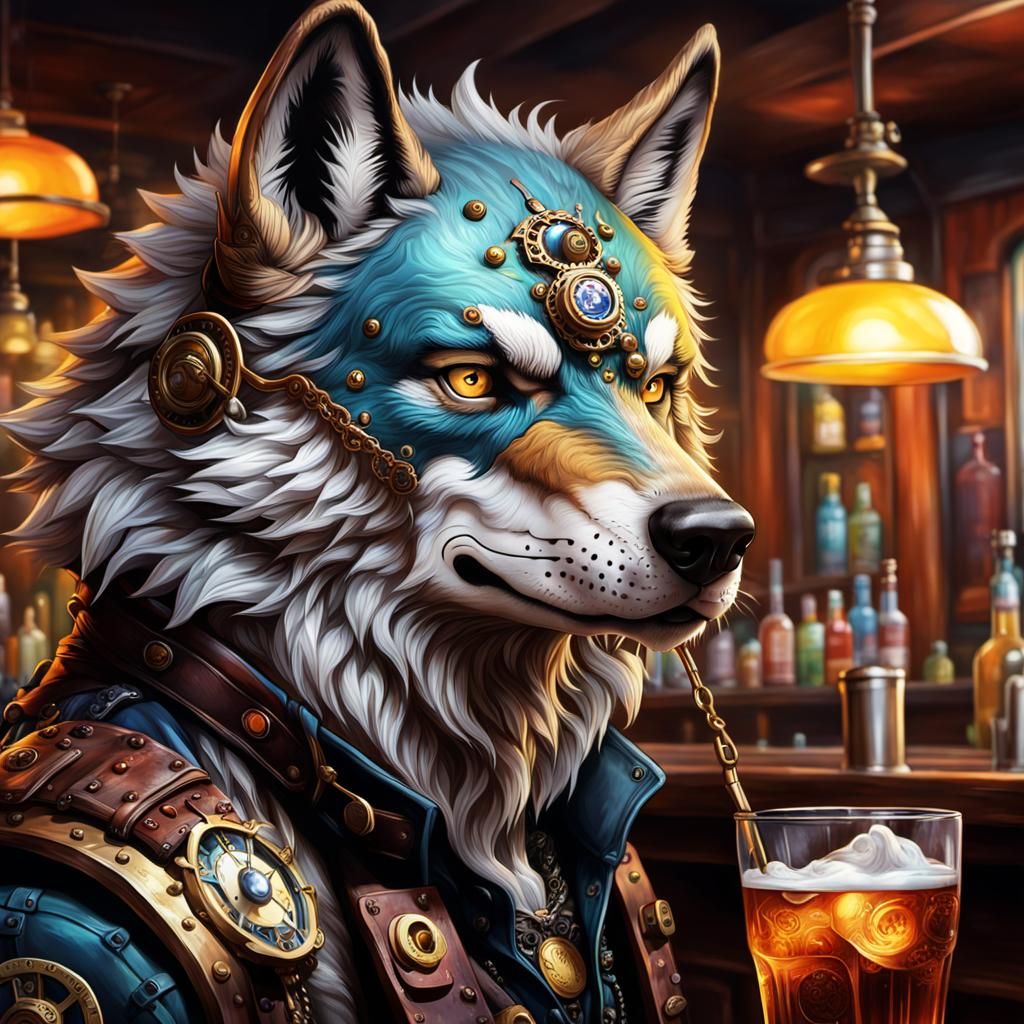 Surreal Steam Punk Wolf Sits in a Vibrant Bar Scene