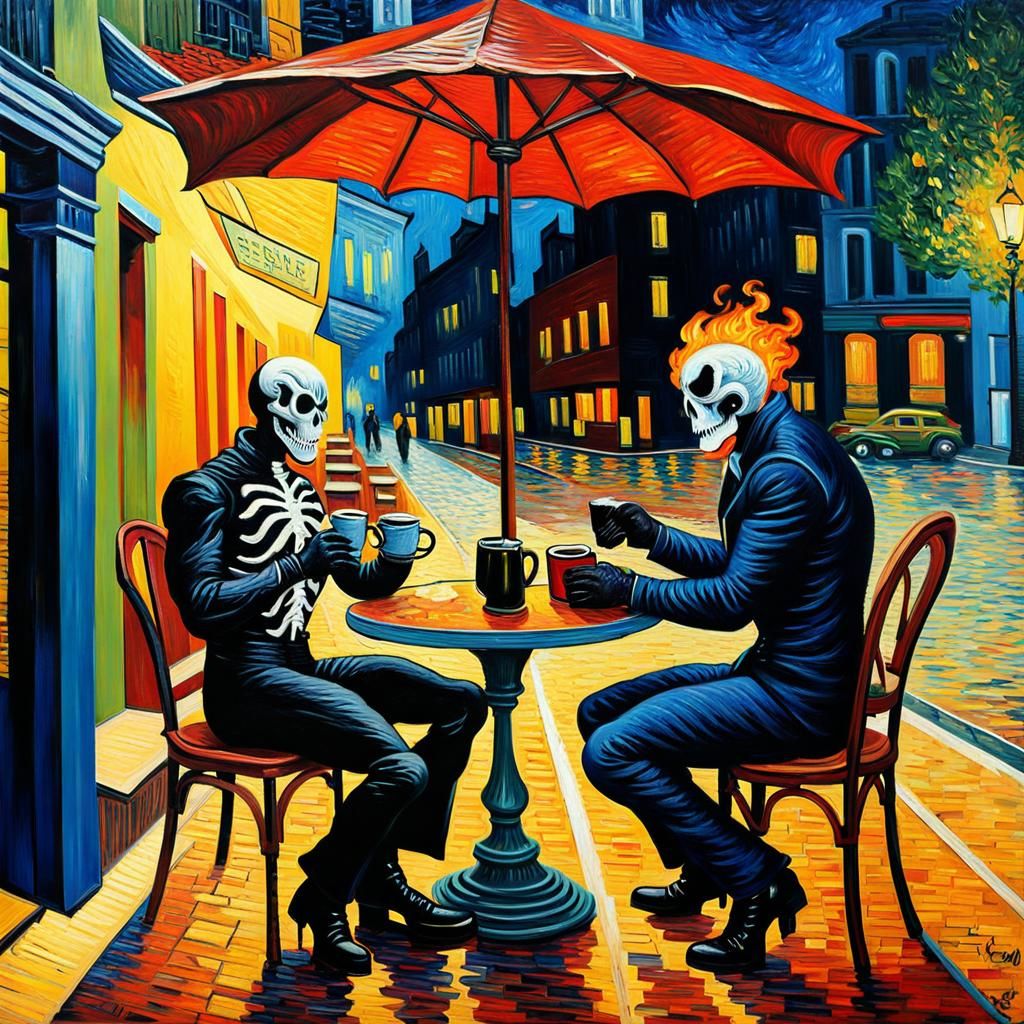 Ghost Rider and Venom in a Neo-Impressionist Coffee Scene