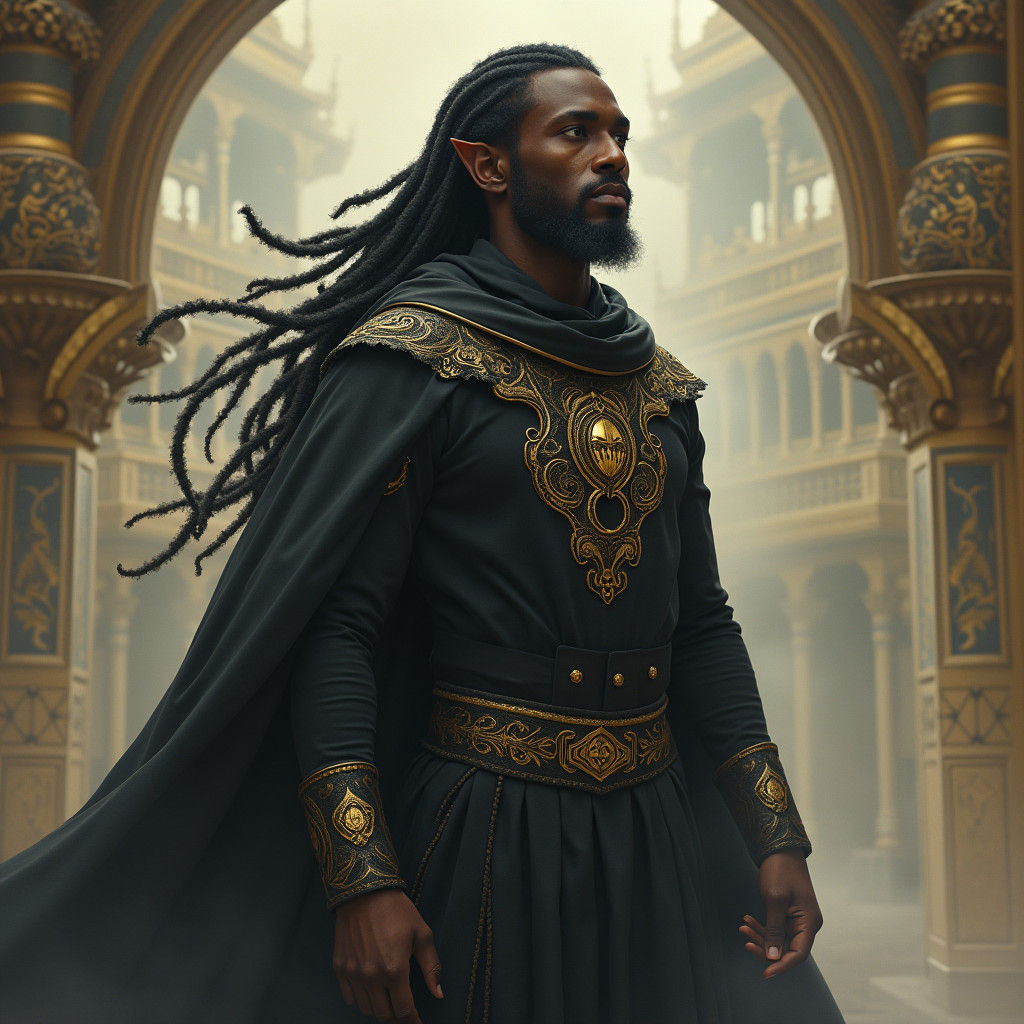 Ethereal African Fantasy Figure in Golden Middle Eastern Att...