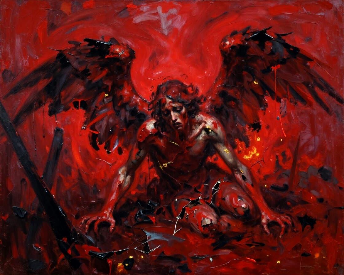 Expressionist Fallen Angel in Red Landscape Painting