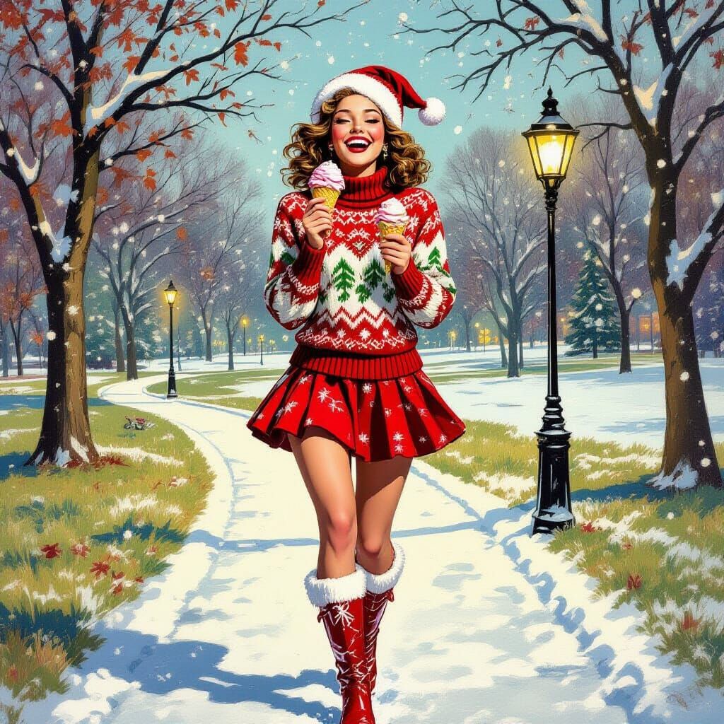 Girl in Christmas Sweater Eats Ice Cream in Snowy Park