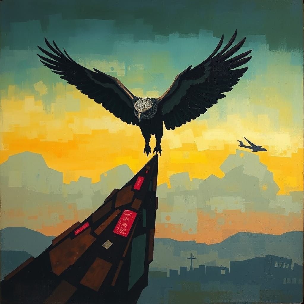 Hawk in Flight: Cubist Acrylic Storybook Illustration