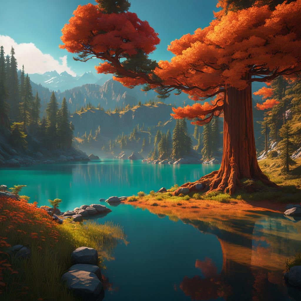 Cyberpunk Valley of Ancient Giants in Triadic Colors
