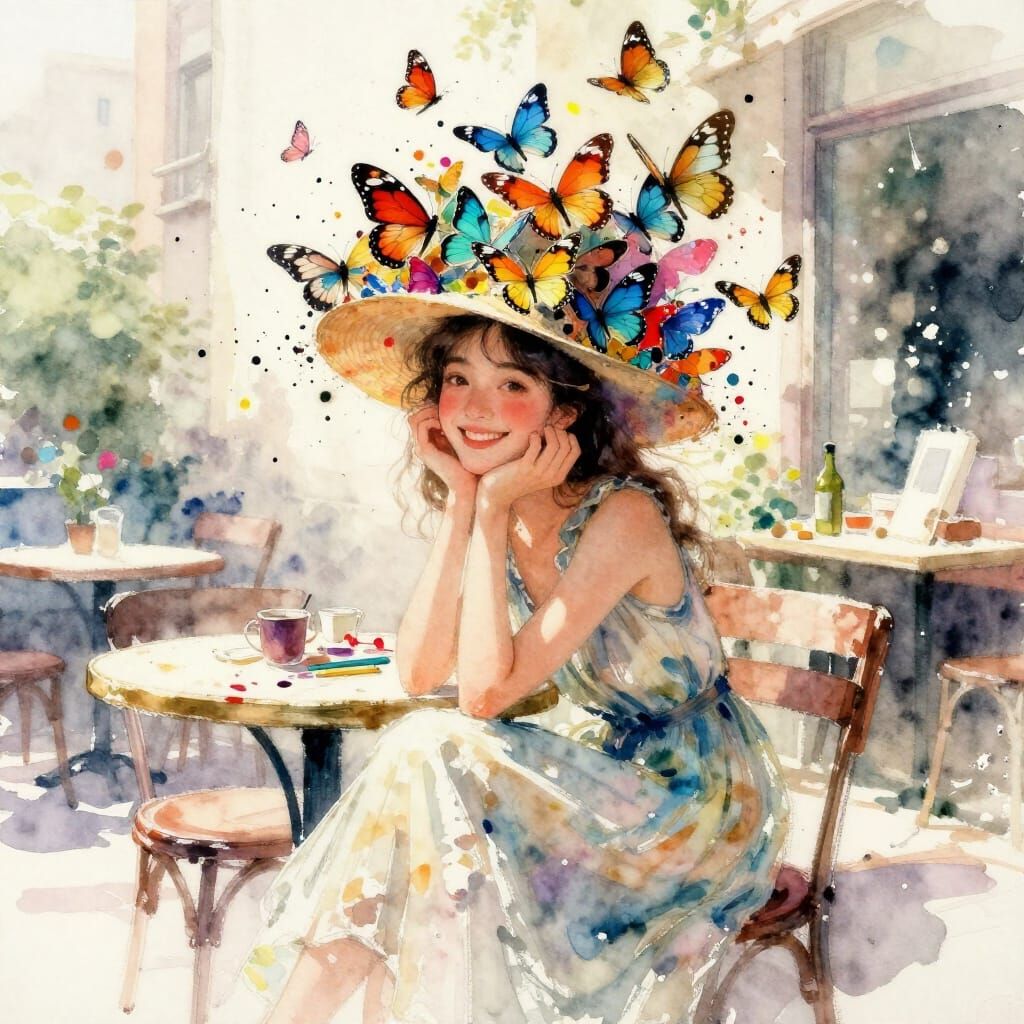 Woman with Butterfly Hat in Romantic Watercolor Sketch