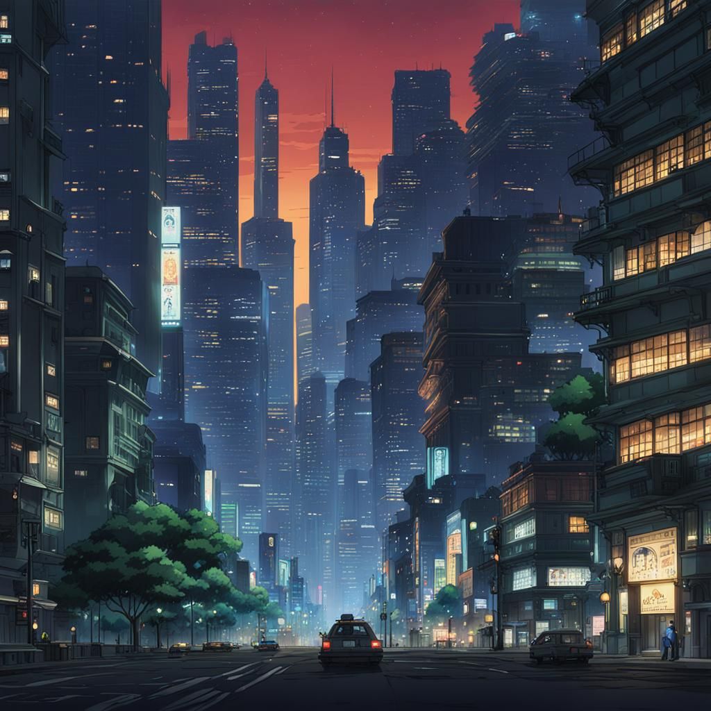 Neo-Noir Cityscape Under Neon Skies in 80s Anime Aesthetic