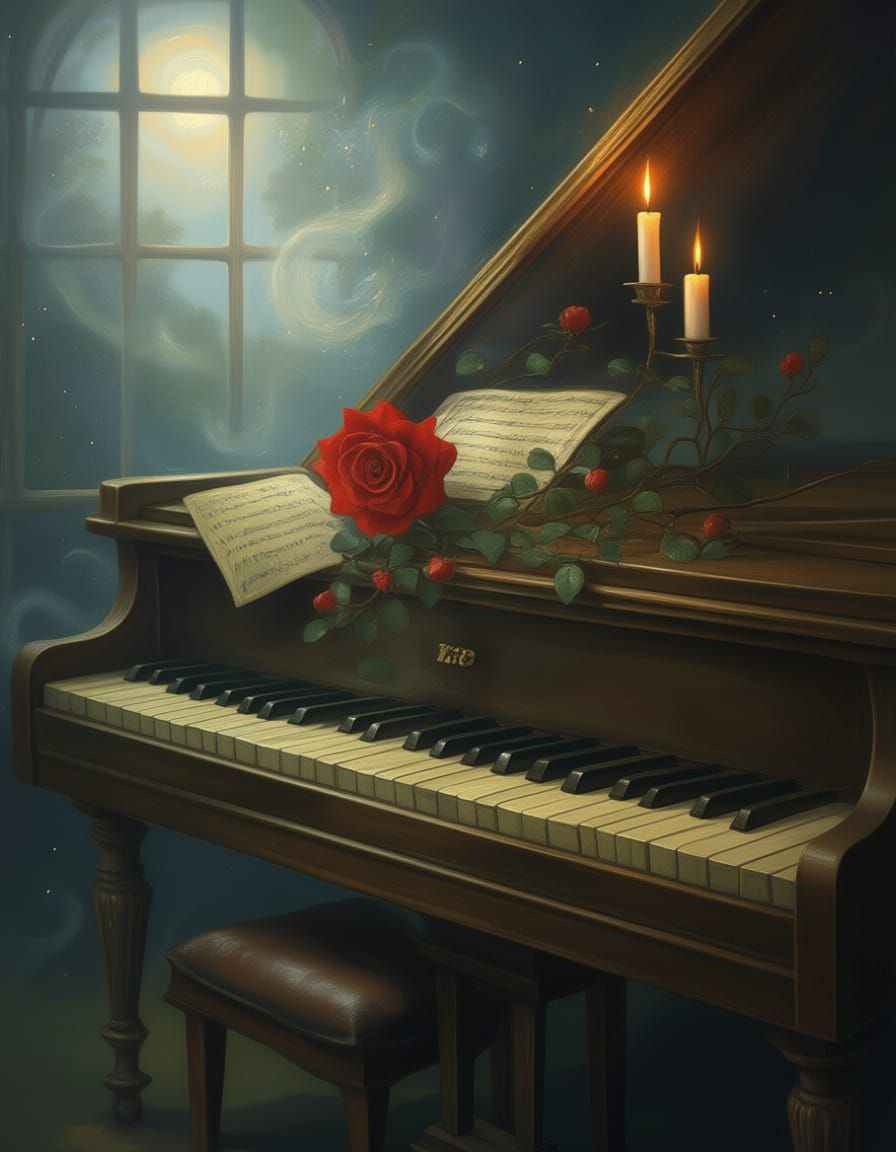 Ethereal Fantasy Piano with Roses in Mist