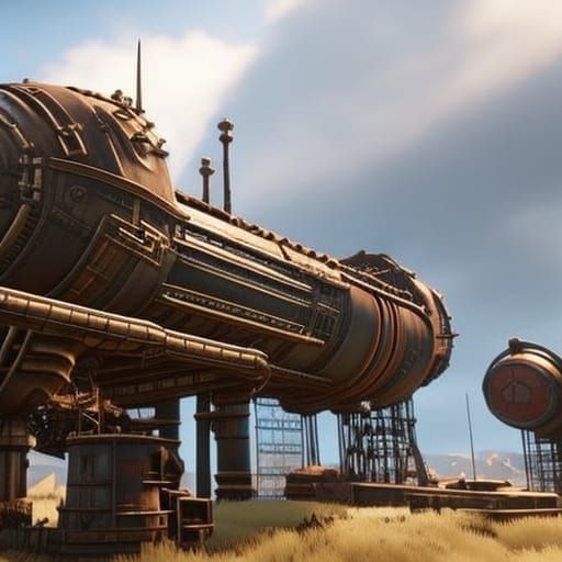 Dieselpunk Steampunk Launchpad in a Futuristic Metropolis